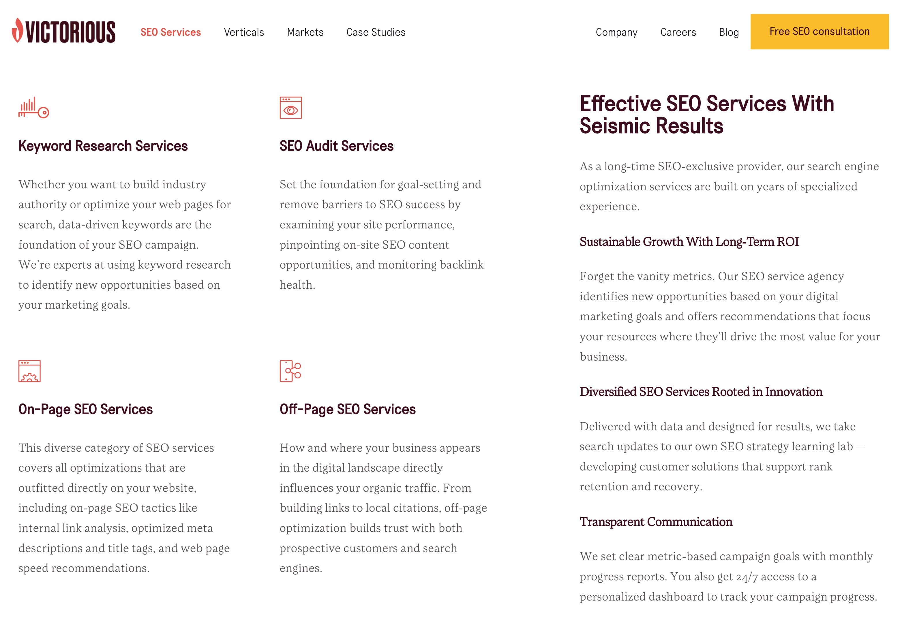 An example of services page design in WordPress.