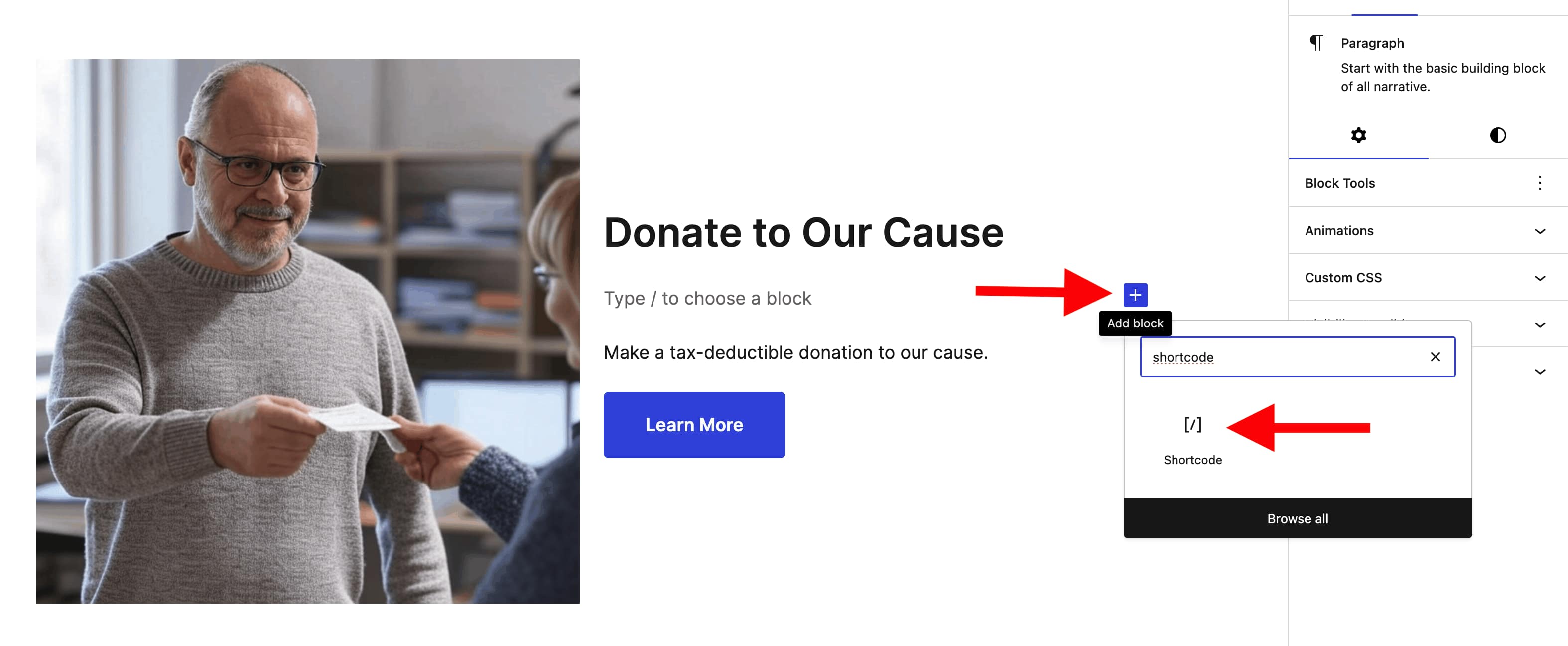 Finding the shortcode block in the WordPress editor.