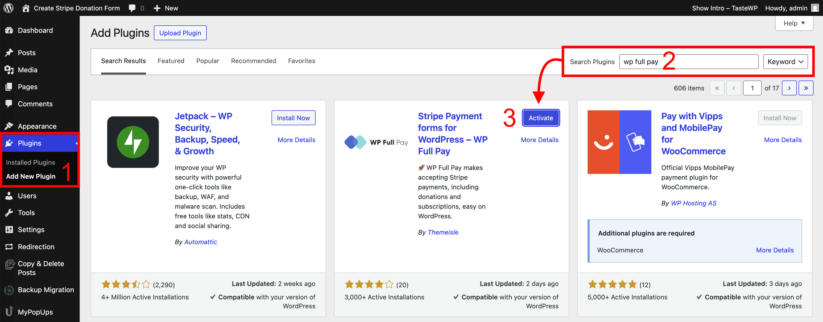 Installing and activating WP Full Pay from wp-admin.