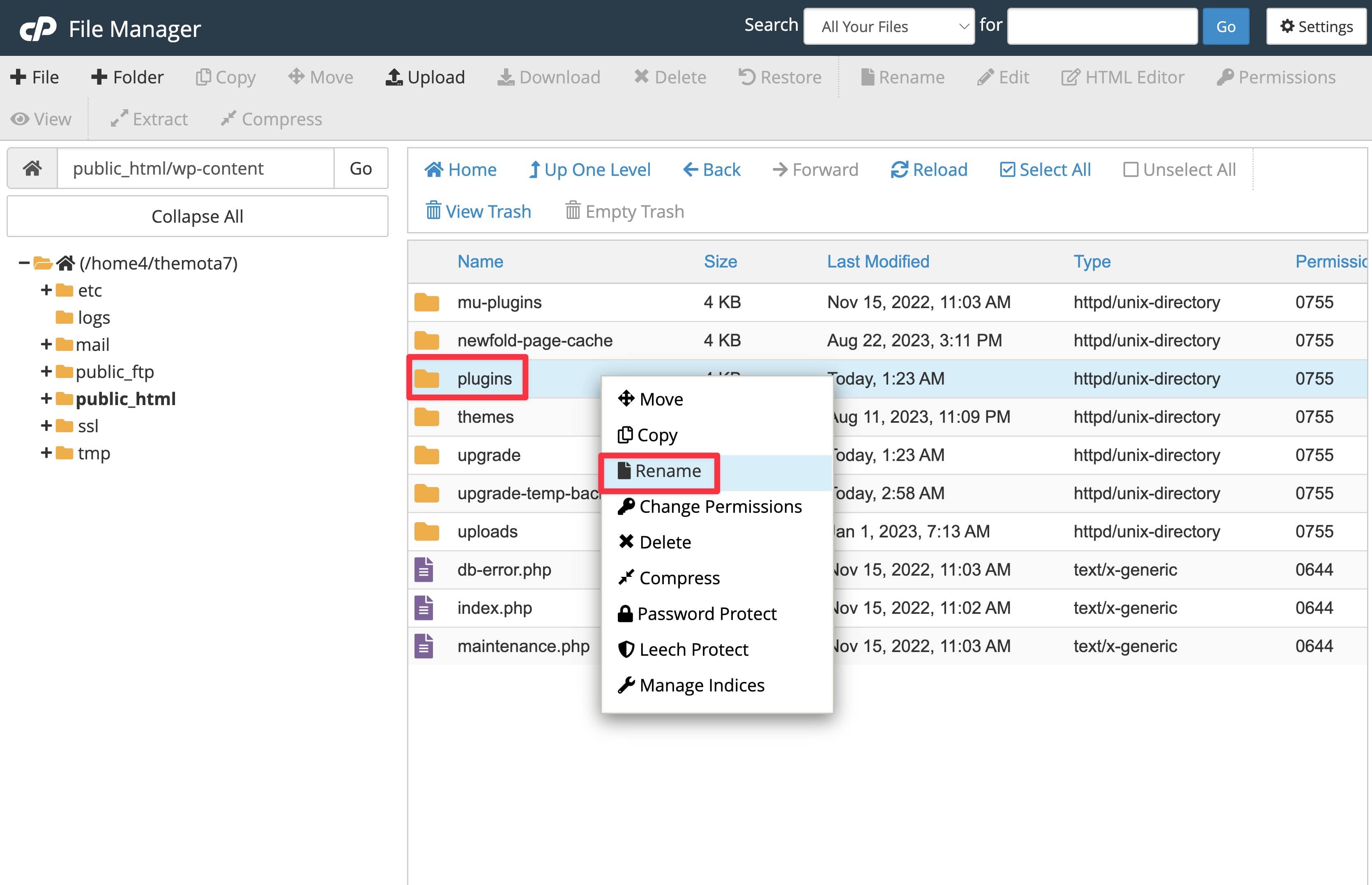 rename plugin folder in wpcontent to fix error establishing a database connection wordpress.