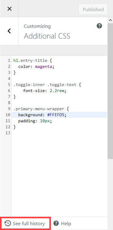 Jetpack Additional CSS - see full history