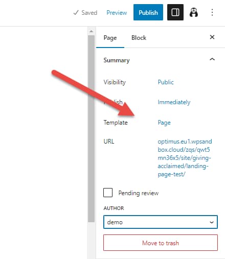 How to create a free landing page for affiliate marketing: page settings with a red arrow pointing to the "Template" option.