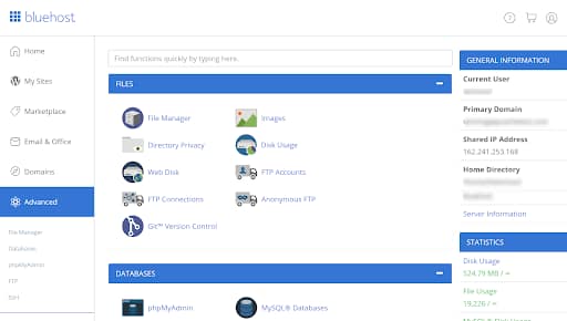 bluehost cpanel admin interface