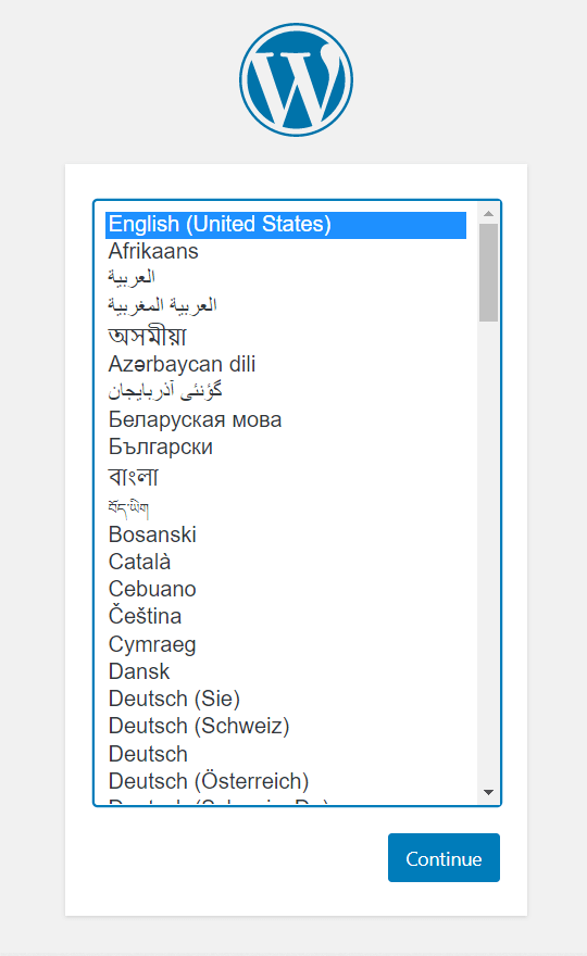 Select a language to install WordPress