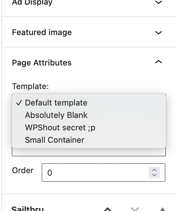 Screenshot of WordPress Page Attributes Template dropdown in WordPress 5.6