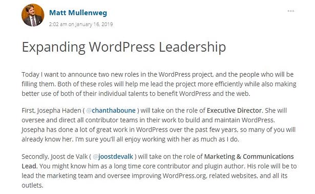 WordPress leadership team announcement