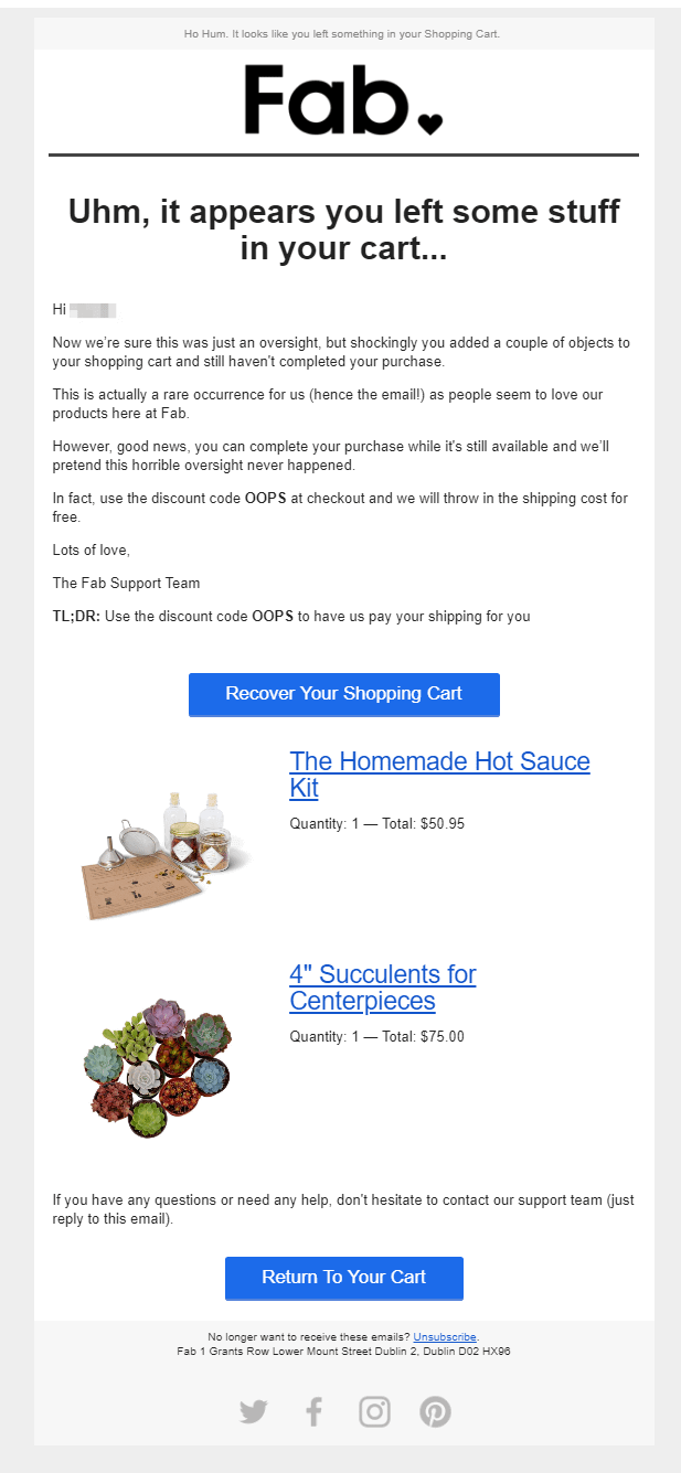 Fab's abandoned cart email