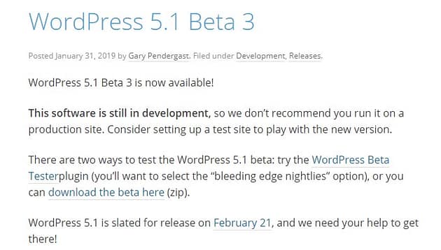 WordPress 5.1 beta 3
