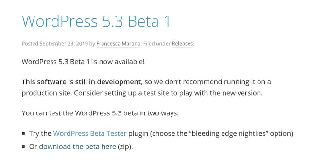 October 2019 WordPress news - WordPress 5.3 Beta 1 out