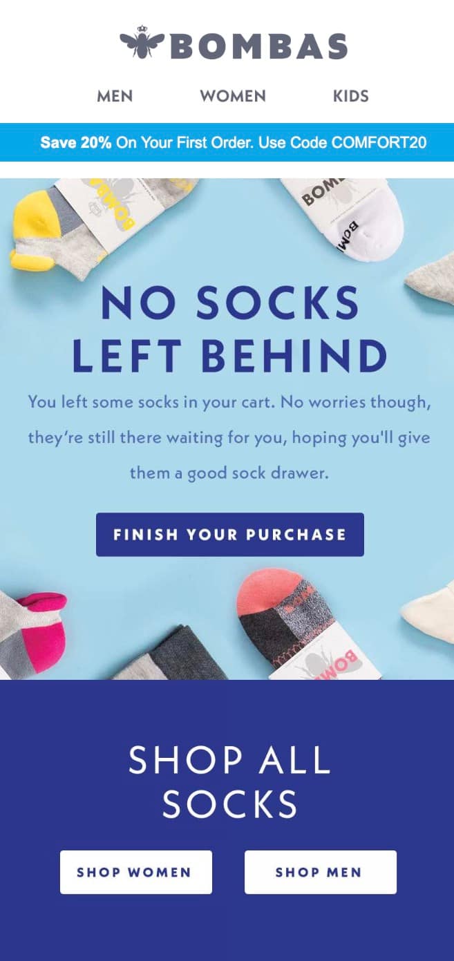 Bombas' abandoned cart email