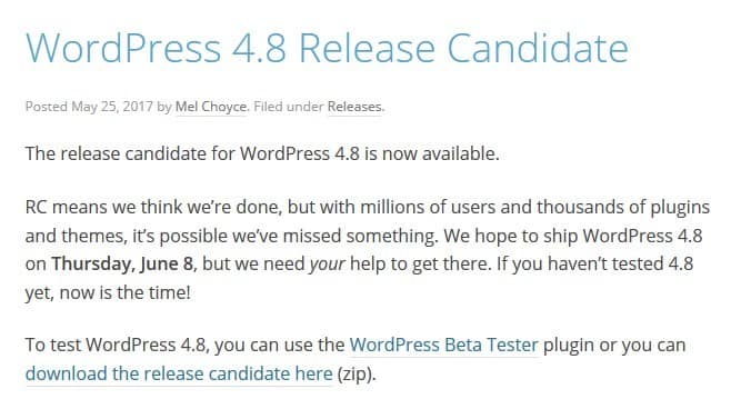 WordPress news May 2017: New WordPress RC