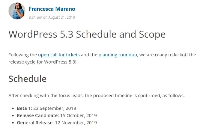 wordpress 5.3 schedule and team