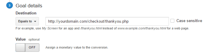 Screenshot showing the process of setting a custom URL as a goal.