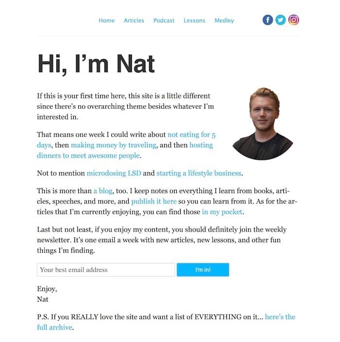 blog homepage example of Nat Eliason