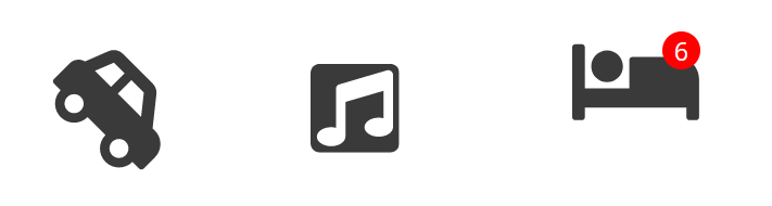 A car rotated, a masked music icon and layered icon with the number 6