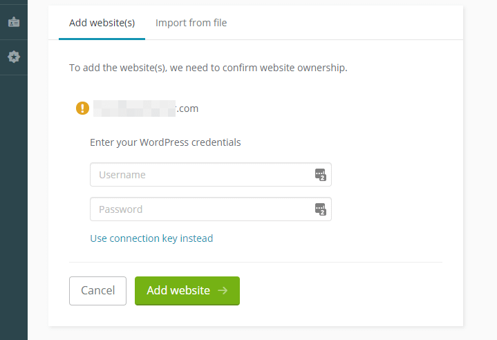 Adding a new website to ManageWP to manage multiple WordPress websites.