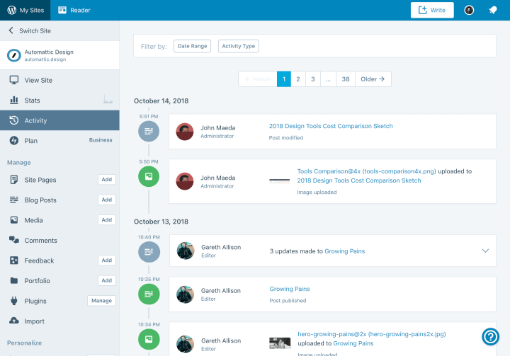 wordpress.com activity timeline