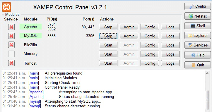 The XAMPP dashboard.