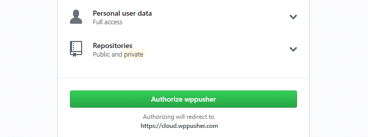 Authorizing the WP Pusher plugin.