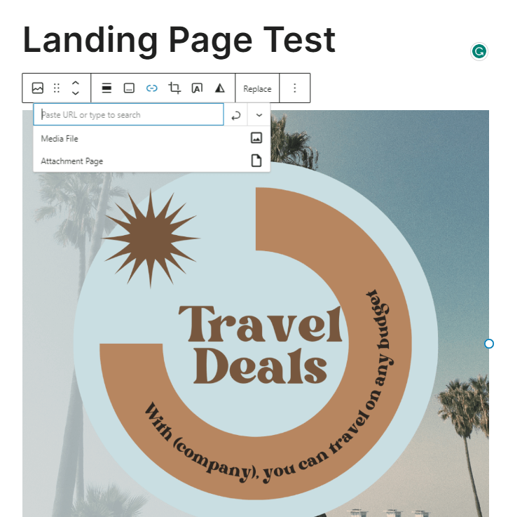 How to create a free landing page for affiliate marketing: image block with add link area open.
