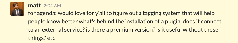 Matt on Slack on new WordPress plugin tags