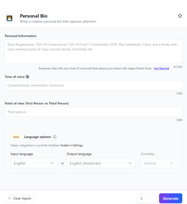 Personal bio template.