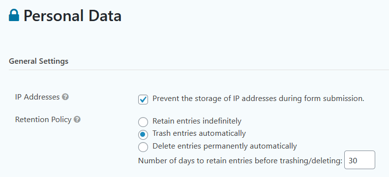 Gravity Forms Personal Data settings