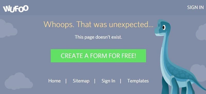 Types of web pages: Wufoo 404 page example