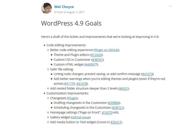 WordPress 4.9 goals