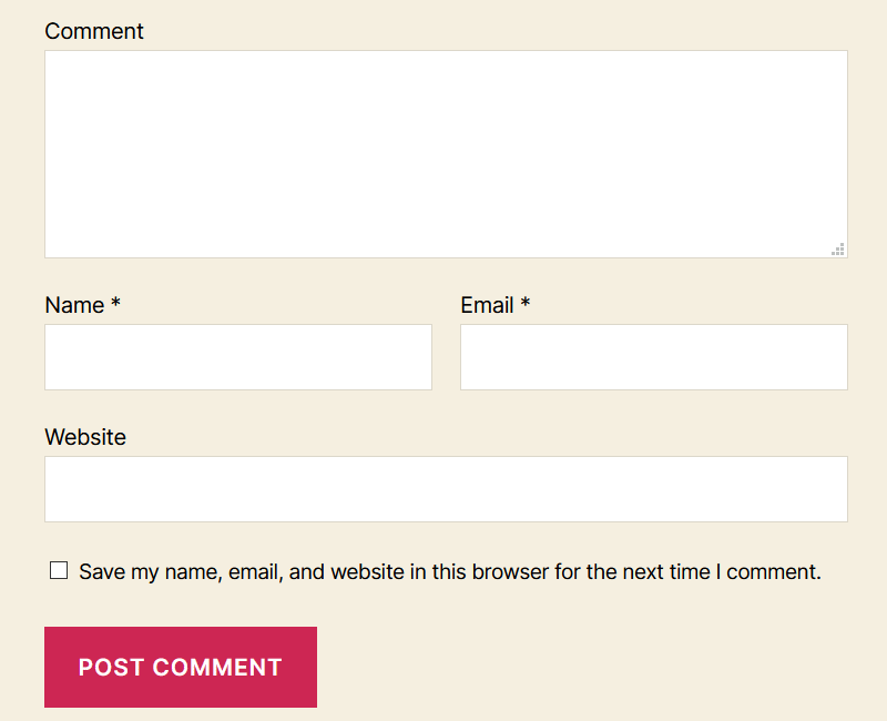The Twenty Twenty comment form has form labels