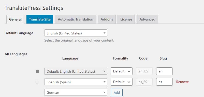 Choosing the second language in TranslatePress so you can create a WordPress multilingual site.