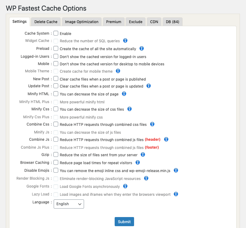 WP Fastest Cache Settings