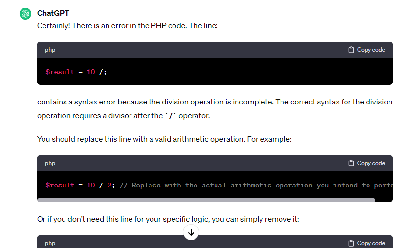 ChatGPT spotting errors in code