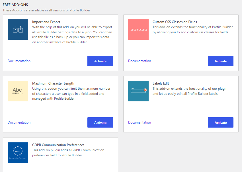 The Profile Builder add-ons.