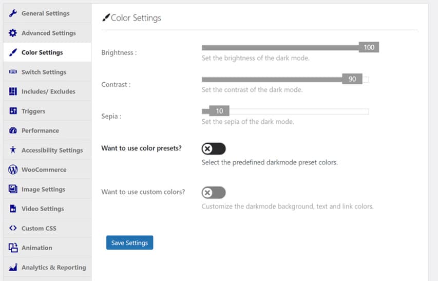WordPress color scheme in night mode.