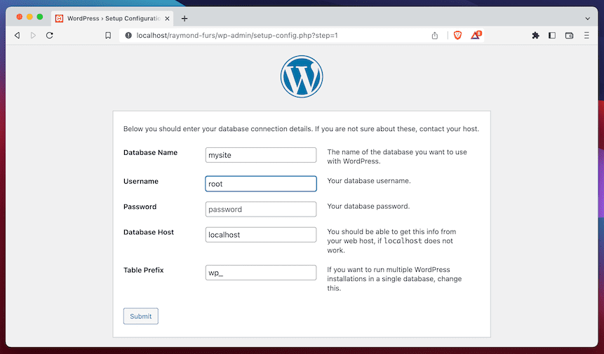 Entering database credentials for a new WordPress website.