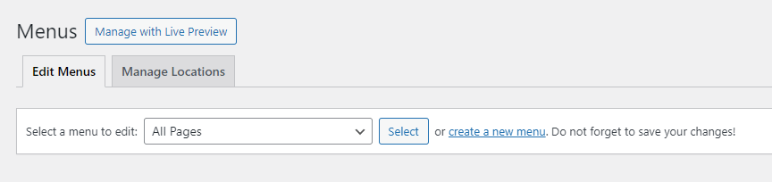 Creating a new menu in WordPress.
