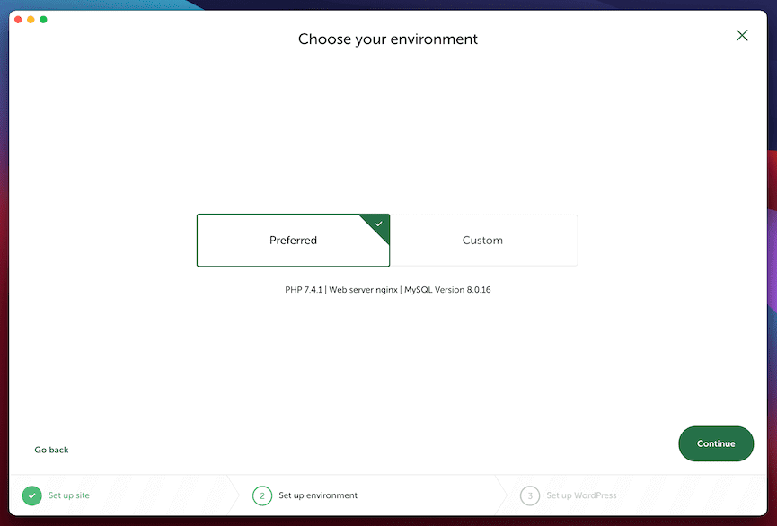 Choosing a server environment for a new site within Local.