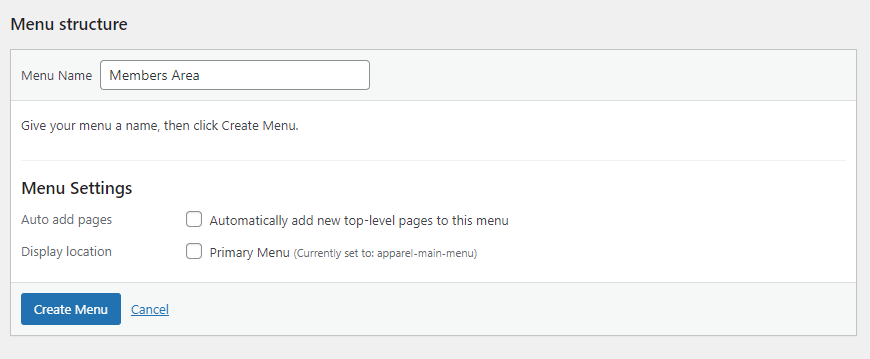 Naming the new menu for your membership site on WordPress.