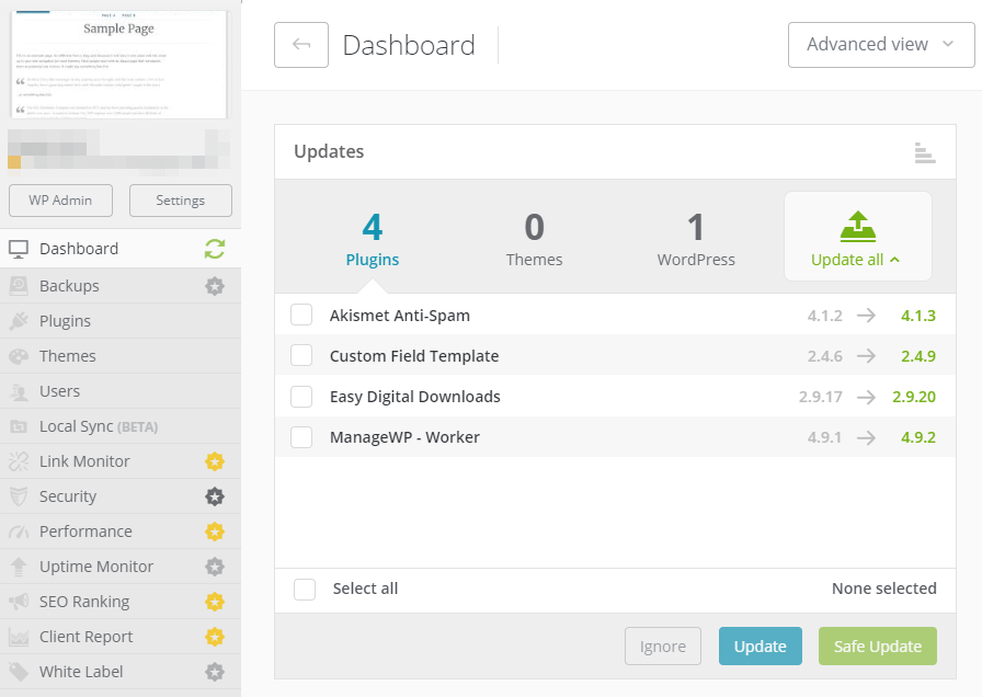 Inspecting individual sites on ManageWP.