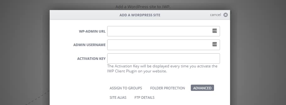 Adding a new website to InfiniteWP to manage multiple WordPress websites.