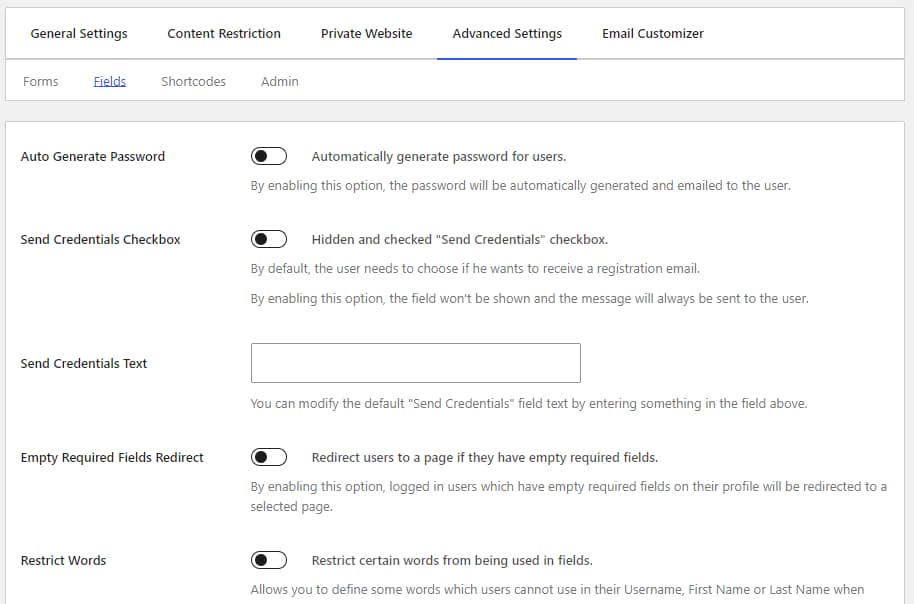 The Fields advanced settings in Profile Builder.