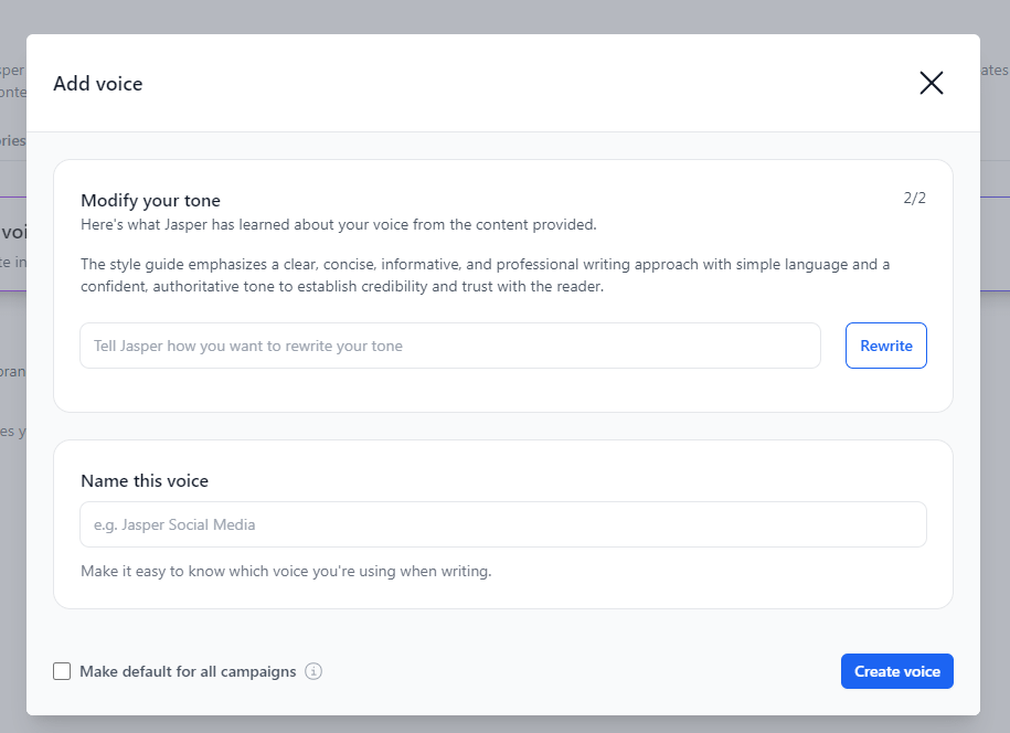 Jasper brand voice analysis.