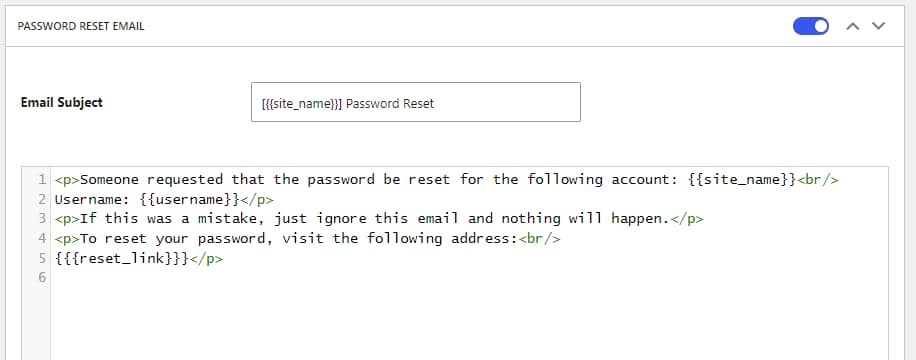 The email for password resets on the membership site for WordPress.