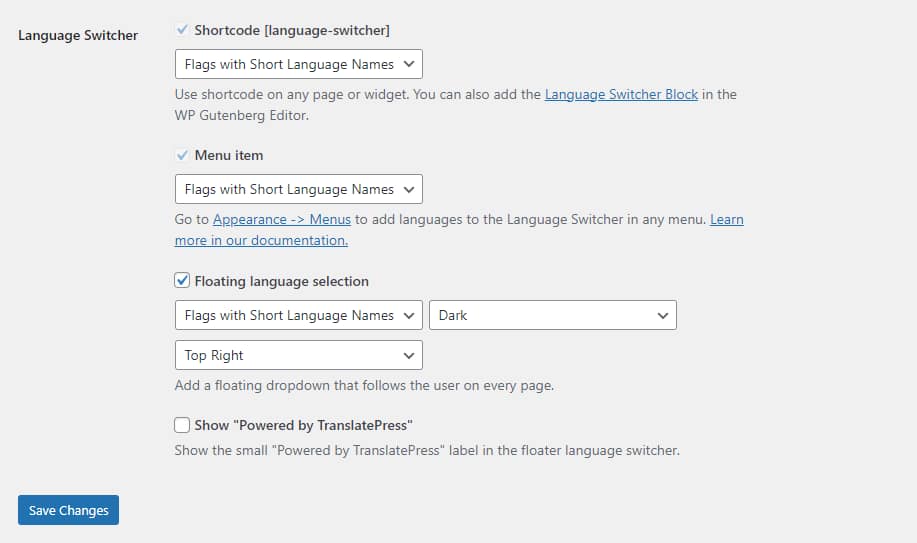 Language Switcher options in TranslatePress.