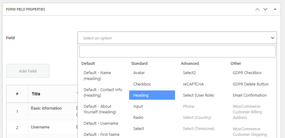 Adding a heading to the registration form.