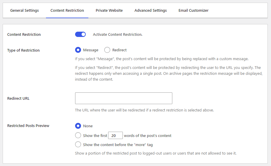 The Content Restriction section in Profile Builder.