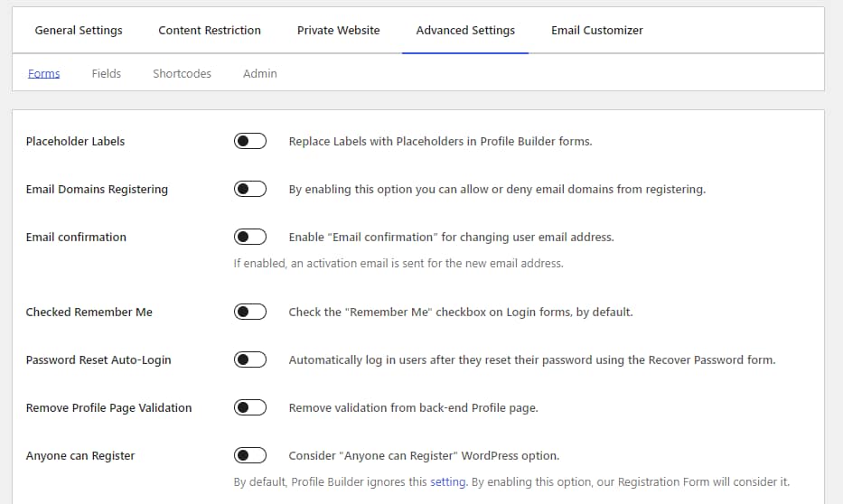 The Advanced Settings in Profile Builder.