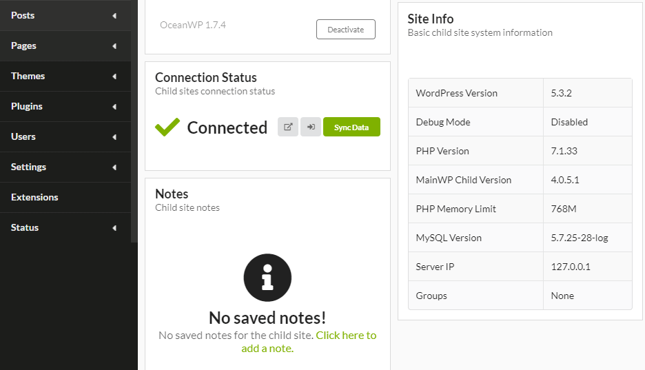 Inspecting a website with MainWP.