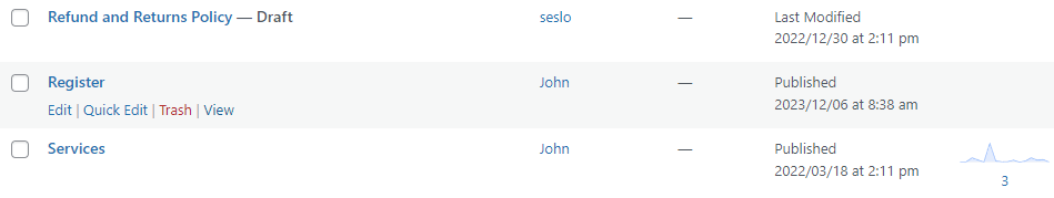 The View option for the Register page.